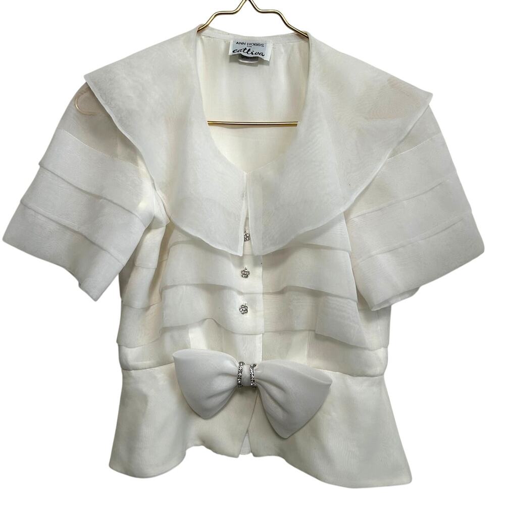 Ann Hobbs Cattiva Organza Tiered Bow Blouse White 80s Union Made USA Women XS - Picture 2 of 13